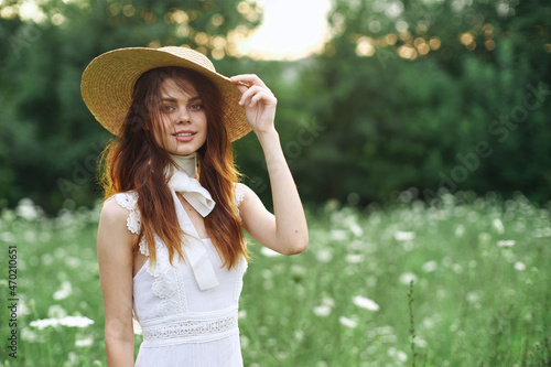 Cheerful attractive woman summer nature flowers vacation