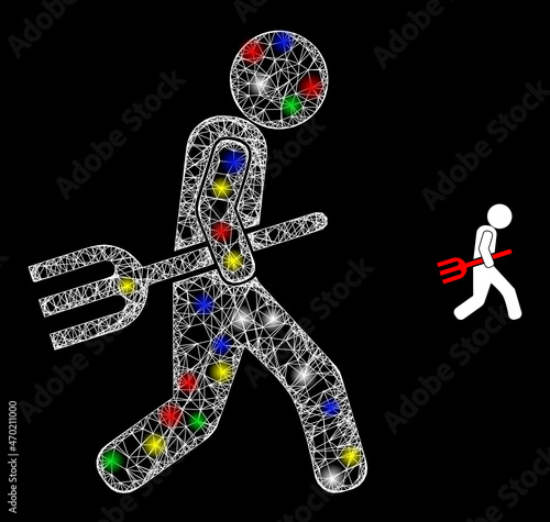 Glossy crossing network fork robber icon with glare effect on a dark background. Light colored vector structure is created from fork robber icon, with white mesh and stardust light spots.