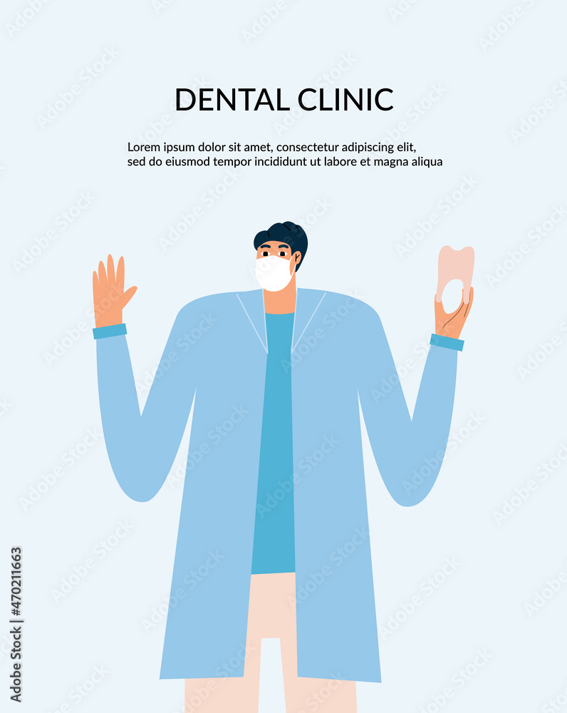 Promotional flyer for a dental clinic or orthodontic clinic. Dentist doctor holds a tooth in his hands. Vector illustration in flat style Promotional flyer for a dental clinic or orthodontic clinic. Dentist doctor holds a tooth in his hands. Vector illustration in flat style