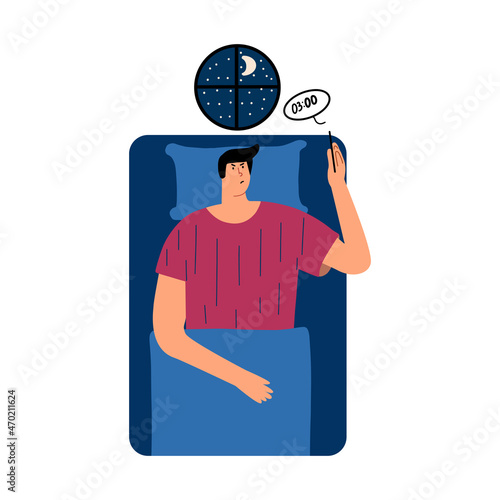 A man cannot sleep, looks at his watch on another phone. Insomnia, trouble falling asleep. Vector illustration in flat style