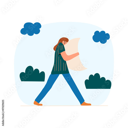 A girl walks down the street during the day with insomnia. The character suffers from a lack of sleep. Vector illustration in flat style