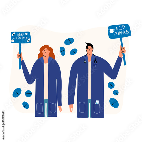 Two doctors stand with a sign for help in medicines and medical masks during the coronavirus epidemic. Vector illustration in flat style