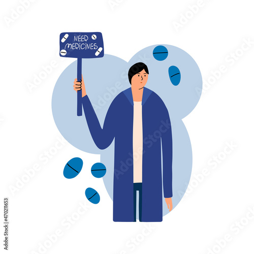 A doctor stands with a sign for help with medicines and medical masks during the coronavirus epidemic. Vector illustration in flat style