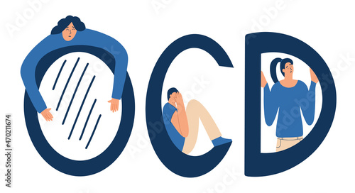 Medical banner with characters with OCD. People with obsessive compulsive disorder. Vector illustration in flat style