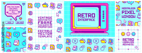 Retro user interface frames for quotes or promotion, banners, social media post templates. Vibrant color desktop computer elements, windows boxes. Nostalgia for 90's, cosmic style Illustration.