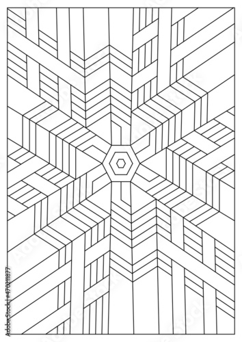 Portrait coloring pages for adults. Architectural Fantasy. Abstract illustration in Line Art style. Geometric 3D composition. Black and white patterns. EPS8. Coloring-#376