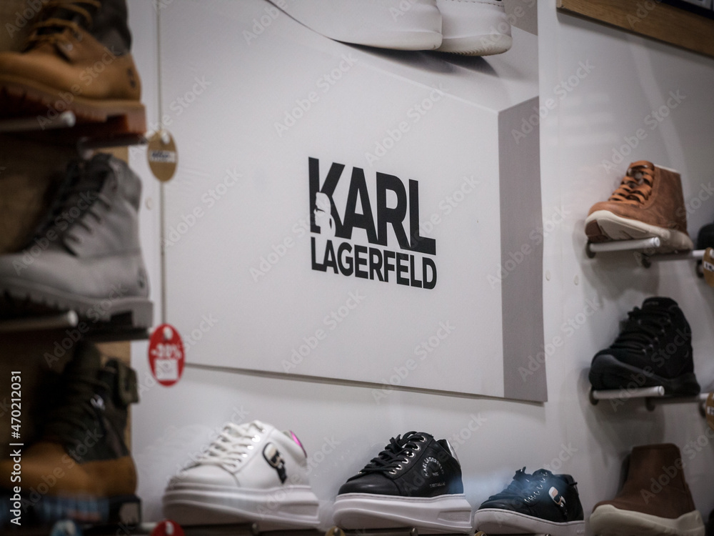 BELGRADE, SERBIA - DECEMBER 8, 2020: Selective blur on a Karl lagerfeld  logo in front of their local retailer selling shoes. Karl Lagerfeld was a  French German luxury fashion designer Stock Photo | Adobe Stock