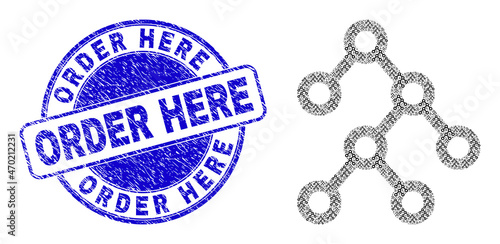 Vector binary structure icon collage is done of repeating recursive binary structure items. Order Here corroded blue round seal print. Recursion collage of binary structure icon.