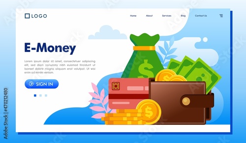 E-money landing page website illustration vector flat design template
