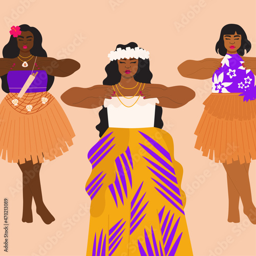 Illustration of women performing traditional CHamoru dance