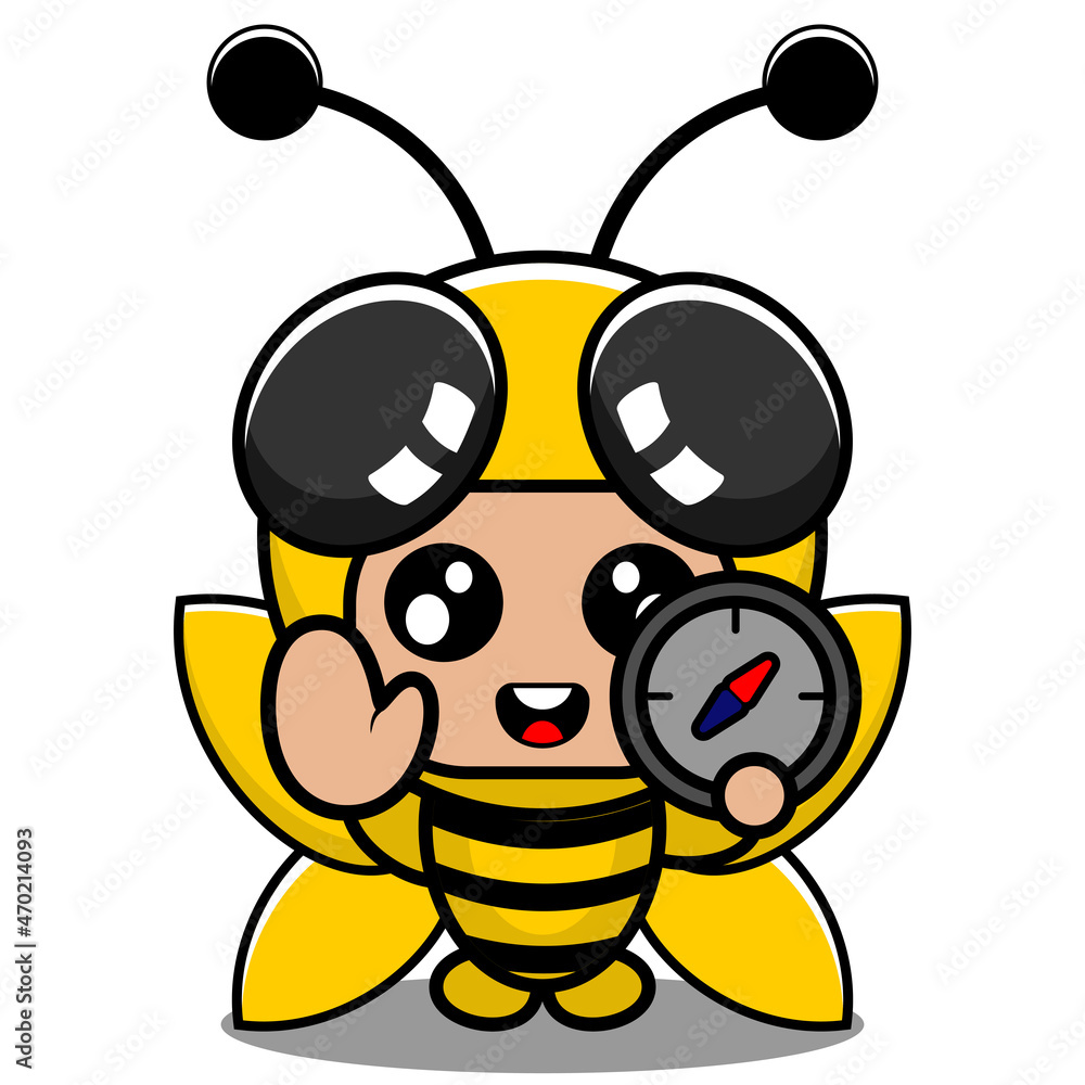 Obraz premium vector cartoon character cute insect bee animal mascot costume holding compass