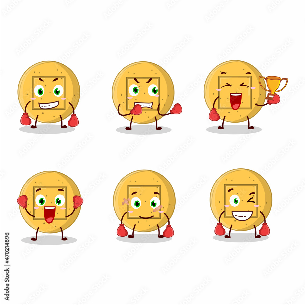 A sporty dalgona candy square boxing athlete cartoon mascot design A sporty dalgona candy square boxing athlete cartoon mascot design