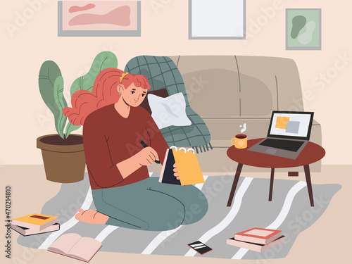 Сute girl doing homework or working and sitting on the floor at home. Freelance or studying concept. Hand drawn vector colorful flat cartoon style illustration