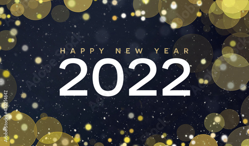 Happy New Year 2022 Text Holiday Celebration Graphic with Gold Bokeh Lights Background, Widescreen, Horizontal