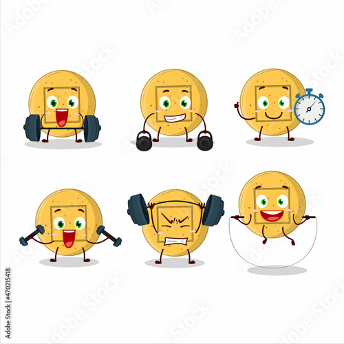A healthy dalgona candy square cartoon style trying some tools on Fitness center