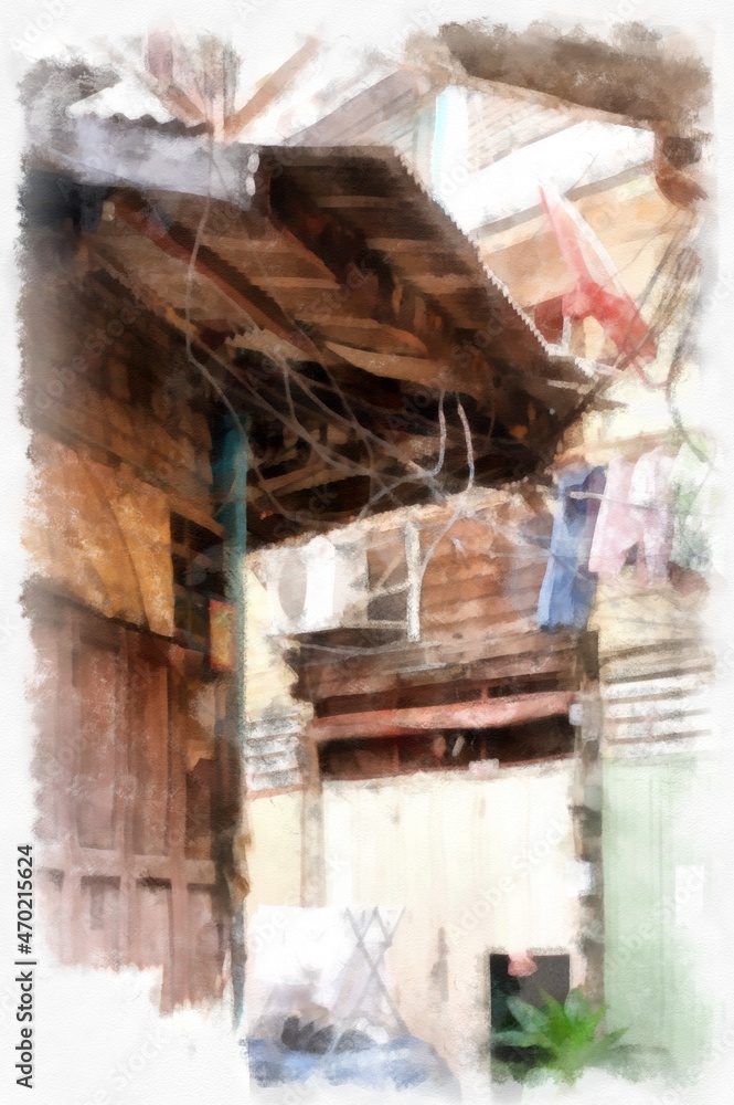 Landscape of rows of old wooden houses in the city watercolor style illustration impressionist painting. Landscape of rows of old wooden houses in the city watercolor style illustration impressionist painting.