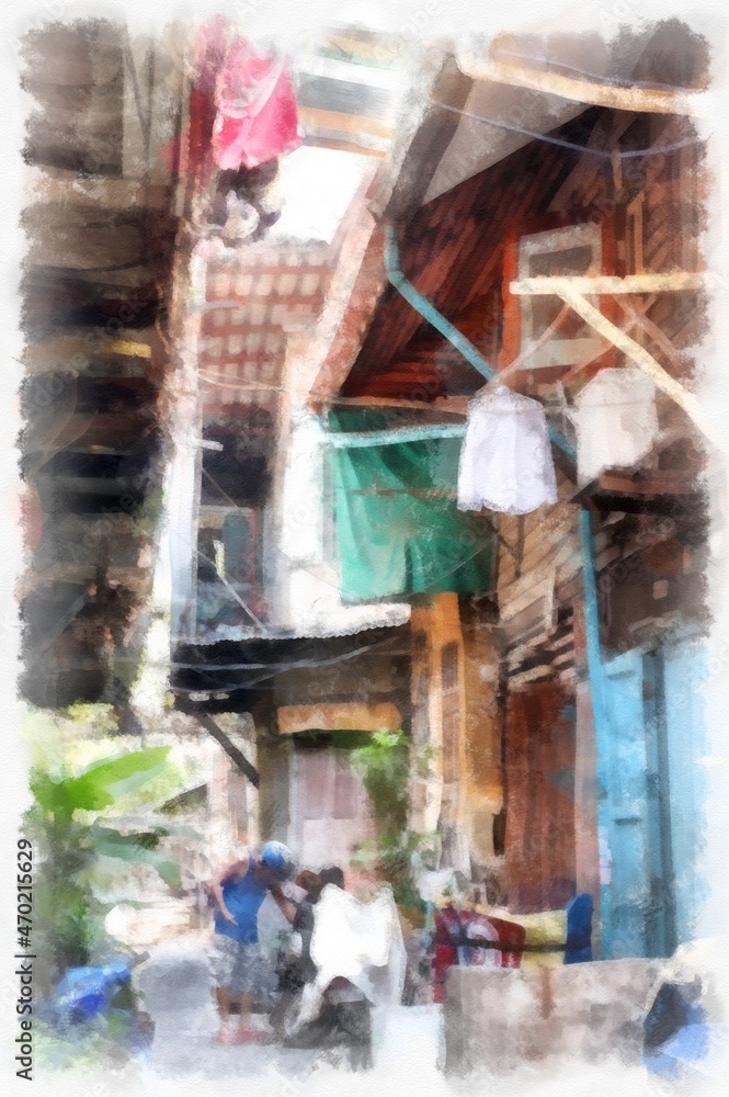 Obraz premium Landscape of rows of old wooden houses in the city watercolor style illustration impressionist painting.