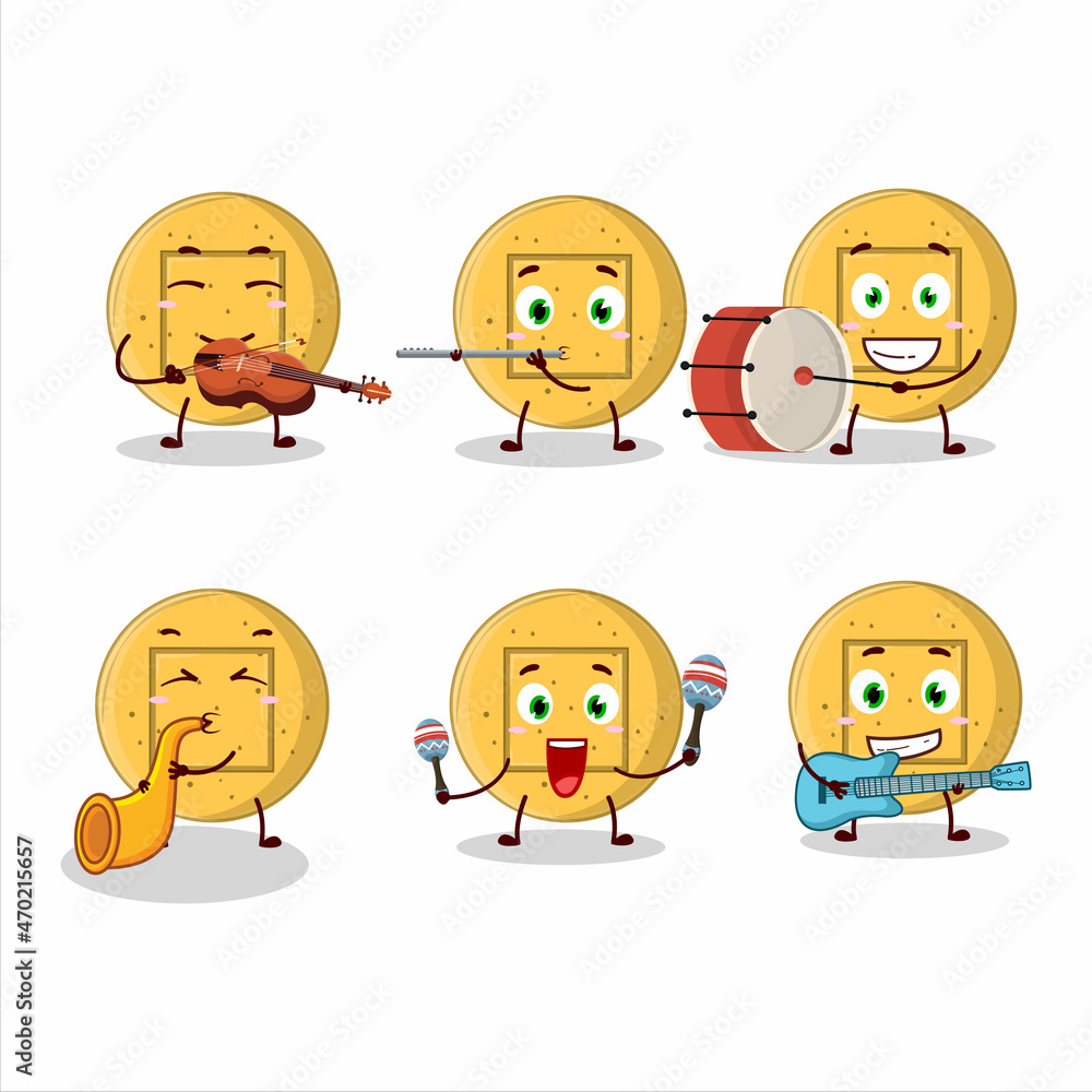 Cartoon character of dalgona candy square playing some musical instruments Cartoon character of dalgona candy square playing some musical instruments