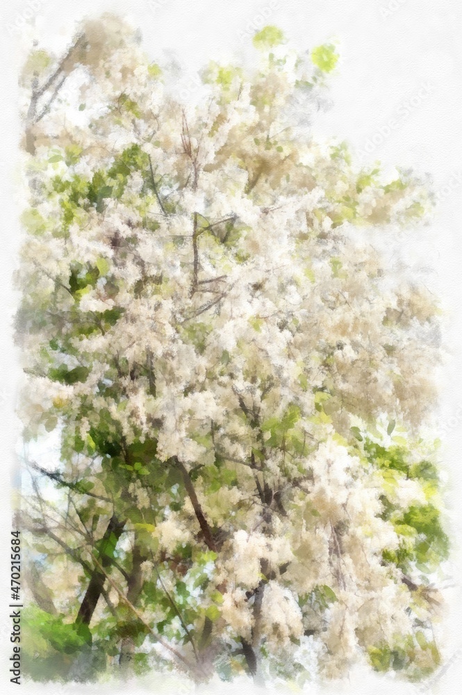 Big tree with white flowers watercolor style illustration impressionist painting. Big tree with white flowers watercolor style illustration impressionist painting.