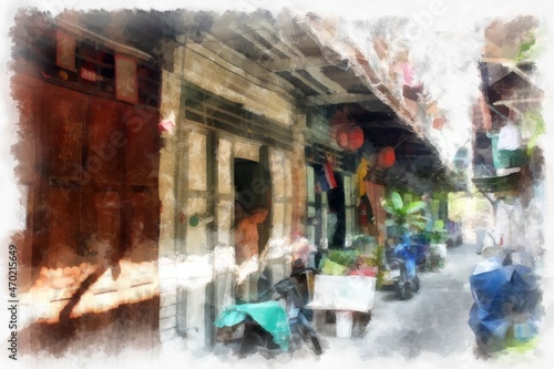 Landscape of rows of old wooden houses in the city watercolor style illustration impressionist painting. © Kittipong