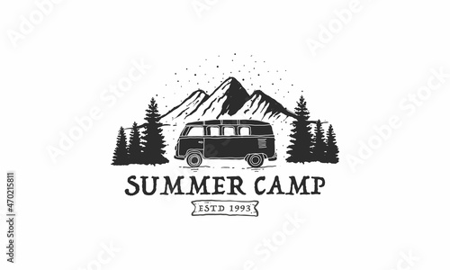 Vintage camping or tourism logo design, grange print stamp, Vector