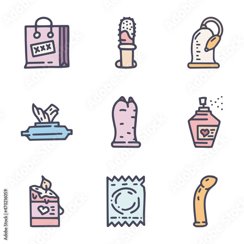 Sex shop color vector doodle simple icon set