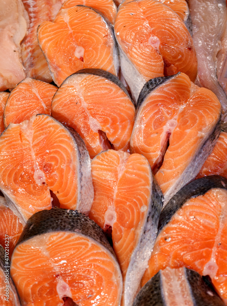 red fish salmon raw steaks - flat lay pattern red fish salmon raw steaks - flat lay pattern
