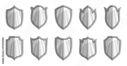 Shield silver shiny flat icon set. Vector antivirus armor logo guarantee sign protect. Heraldic symbol of game outfit. Vintage retro award badge shape. Medieval metal weapons. Privacy emblem on white