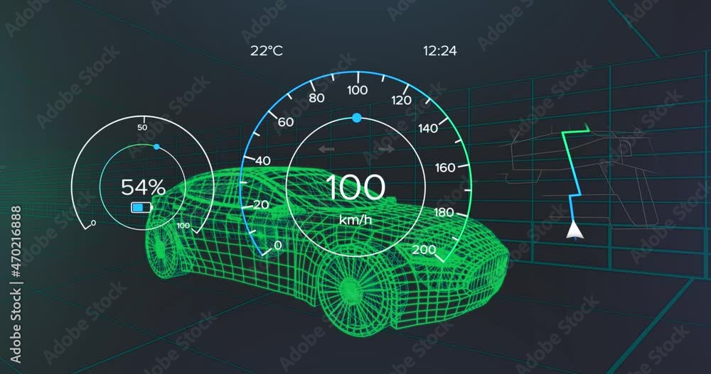 Animation of speedometer, gps and charge status data on vehicle interface, over 3d car model Animation of speedometer, gps and charge status data on vehicle interface, over 3d car model
