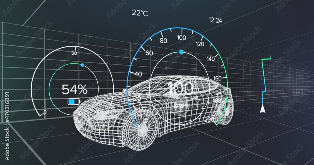 Animation of speedometer, gps and charge status data on vehicle interface, over 3d car model Animation of speedometer, gps and charge status data on vehicle interface, over 3d car model