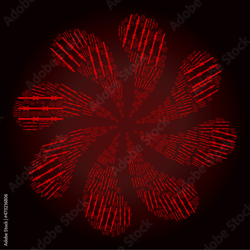 Bloody barbed wire fence icon centrifugal abstract turbine fireworks shape on red dark gradient background. Flower centrifugal explosion organized from red scattered barbed wire fence items.