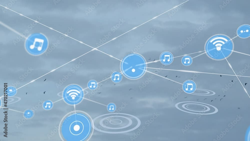 Animation of network of connections with icons on blue background Animation of network of connections with icons on blue background
