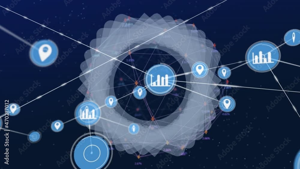 Animation of network of connections with icons over spinning shapes on blue background Animation of network of connections with icons over spinning shapes on blue background