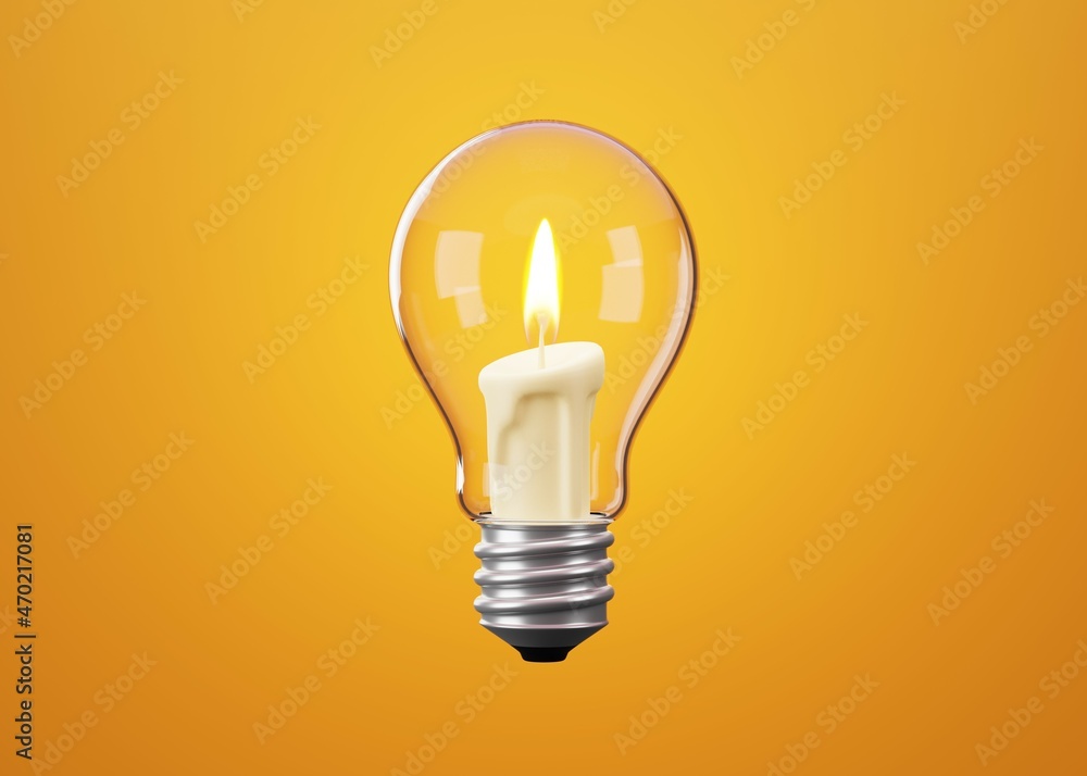 Glass light bulb and burning candle inside. Minimal concept of idea. Energy saving concept, 3D illustration Glass light bulb and burning candle inside. Minimal concept of idea. Energy saving concept, 3D illustration