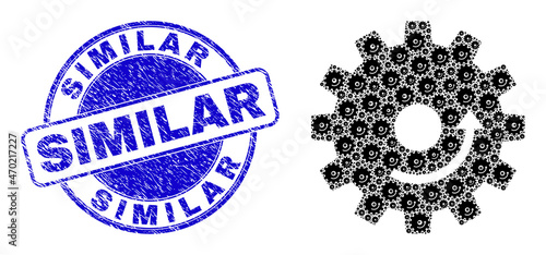 Vector gear rotation icon composition is designed with scattered recursive gear rotation pictograms. Similar grunge blue round watermark. Recursive composition from gear rotation icon.