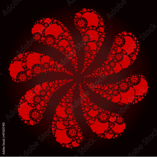 Bloody brain infection icon explosion motion flower fireworks shape on red dark gradient background. Flower burst combined from bloody random brain infection items.