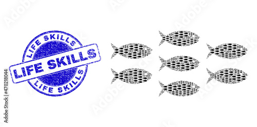 Vector fish school icon mosaic is formed of repeating recursive fish school items. Life Skills scratched blue round seal imitation. Recursive collage from fish school icon.
