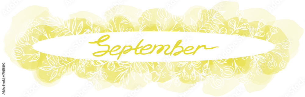 Autumn line art calligraphy lettering. Yellow one line hand drawing of a September month in an oval frame with leaves and flowers and watercolor blots on white background