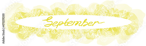 Autumn line art calligraphy lettering. Yellow one line hand drawing of a September month in an oval frame with leaves and flowers and watercolor blots on white background photo