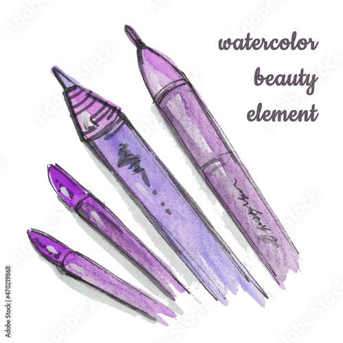 Set violet and purple colored pencil and brush watercolor illustration. Hand painted Watercolour graphic, cutout clipart element for design. Makeup tool on white background