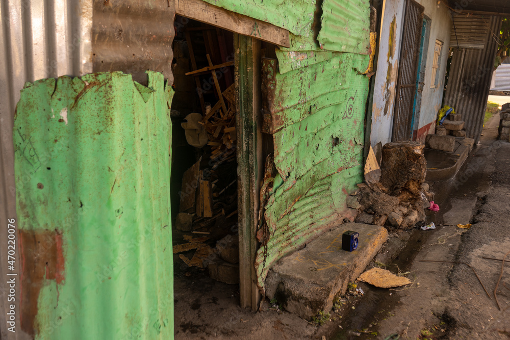 Poor house of Managua, Nicaragua. A home built with old sheets of metal.