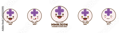 hwajeon cartoon mascot, korean traditional flower cake illustration, with different facial expressions and poses