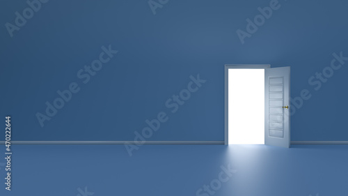 white door on blue background, the way out to the light, success concept idea 3D rendering