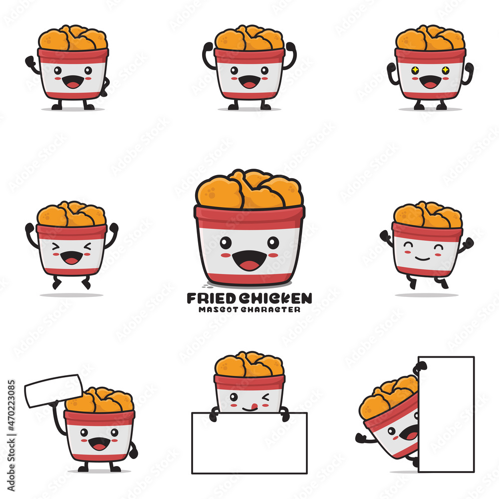 cartoon illustration of fried chicken in a bucket. with happy facial expressions and different