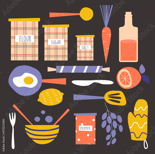 vector illustration - kitchen utensil - dishes, fruits, vegetables, cutlery, bottles, containers for spices . cute trend illustration in flat style