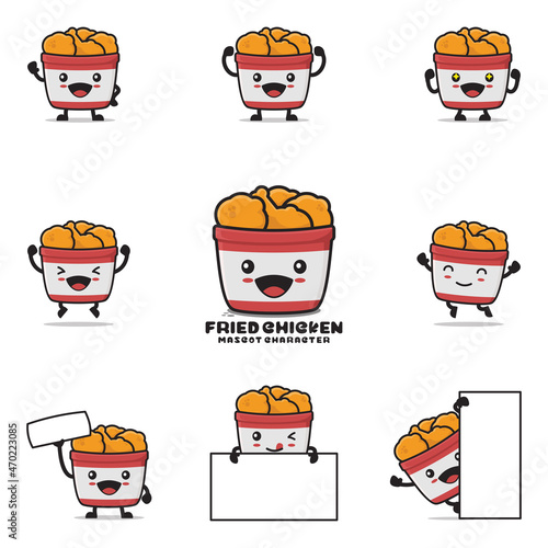 cartoon illustration of fried chicken in a bucket. with happy facial expressions and different poses