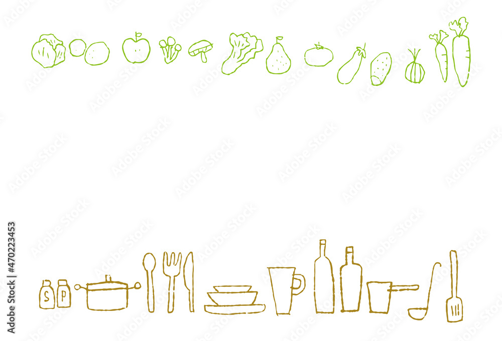 Obraz premium 野菜と調理道具の手描きの線画_黄緑とベージュ色