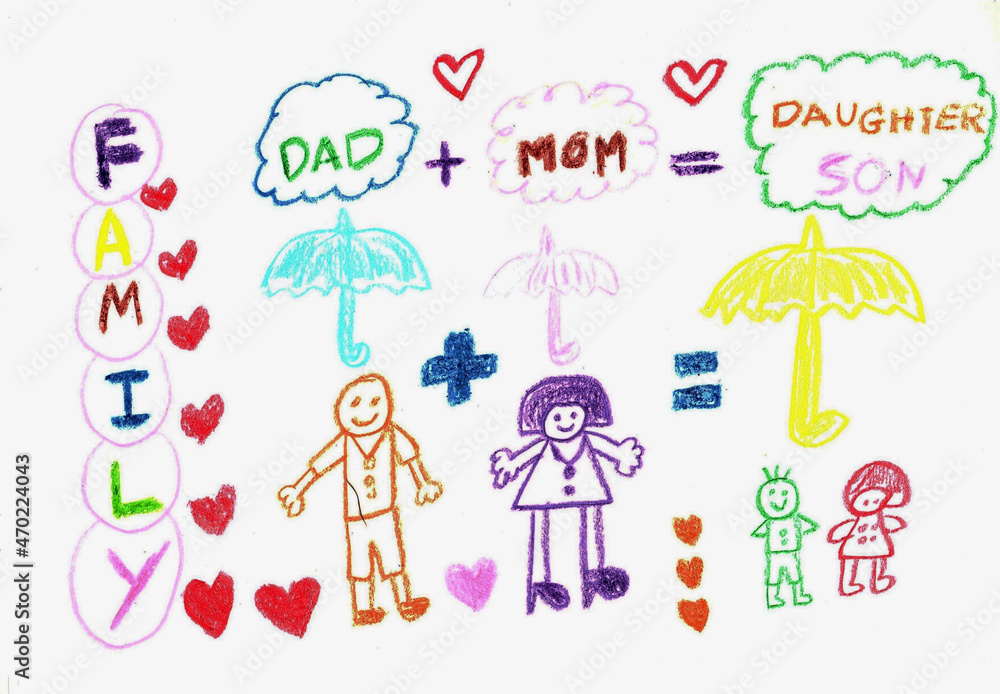 Fototapeta premium Hand drawing of family with crayon,in cartoon character,