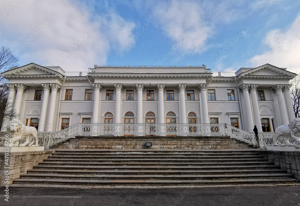 The entrance to the Elaginoostrovsky Palace with a staircase and white lions against a blue sky with clouds