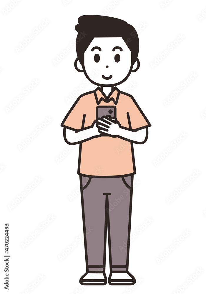 両手で持ったスマホを見ている若い男性のイラスト素材